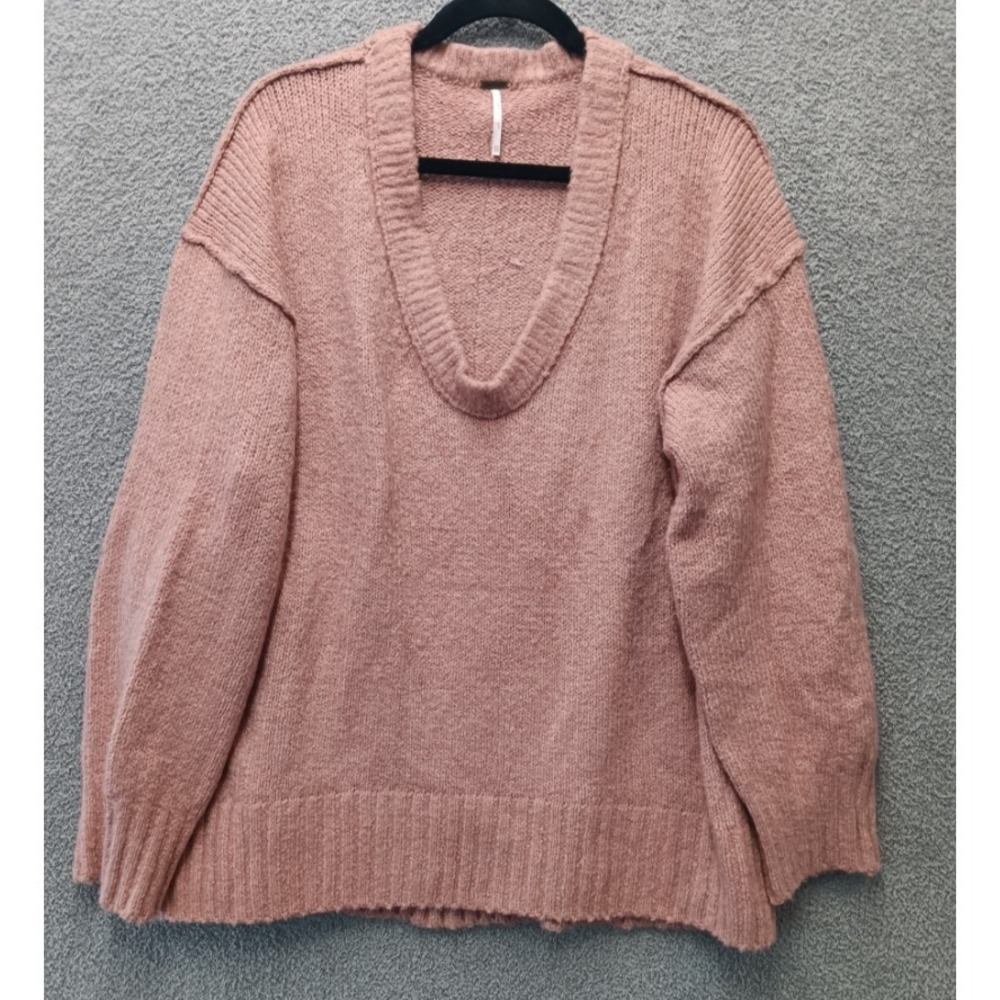 Free People Slouchy V Neck Chunky Knit Sweater Pink XS Boho Cozy